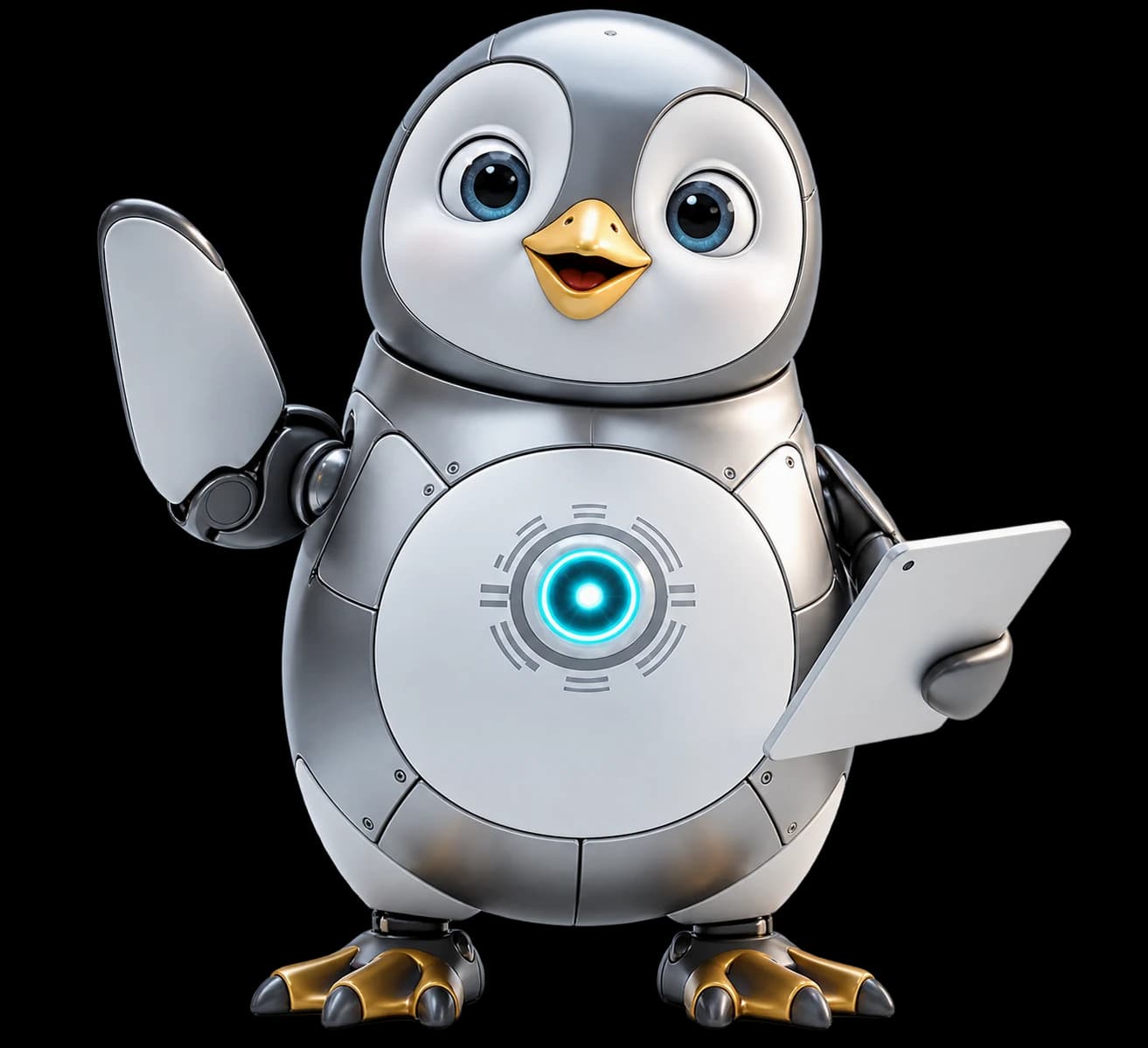 Elinde tabletle seni selamlayan RoboPengu